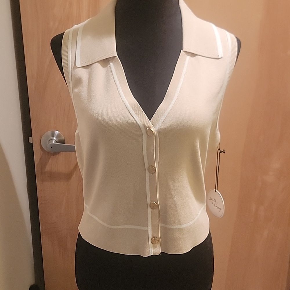 NWT Milk &Honey Beige /white Button Up Tank Top Sz L - Picture 4 of 9